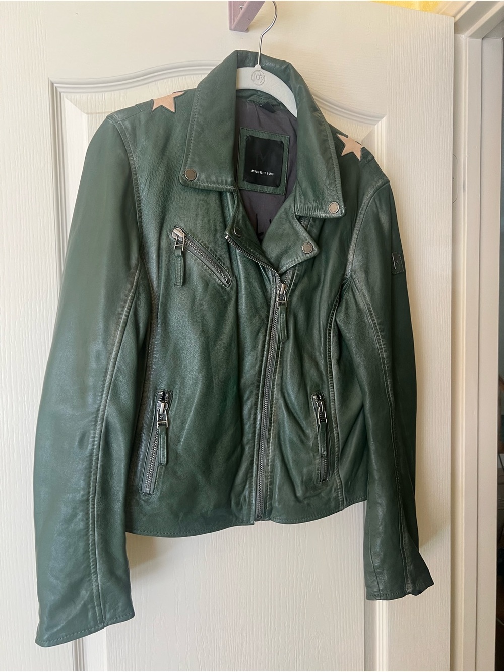 Mauritius Green Leather Moto Jacket with Star Detail